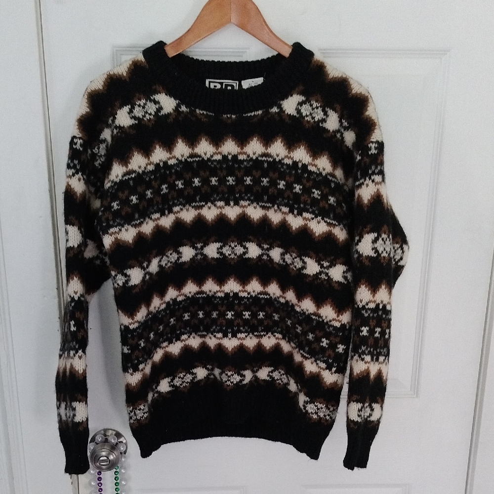 Nordstrom Navy/ Cream Patterned Heavy Wool Crewneck Sweater Sz M